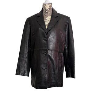 Katiana Couture Black Leather Blazer Jacket Womens Large Button-Up Lined Coat